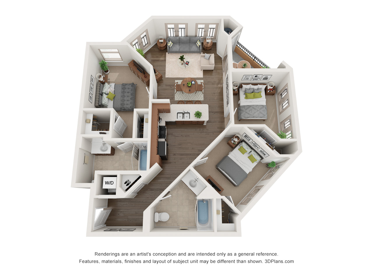 Floor plan for 3 beds, 2 baths, 1126 sqft